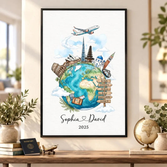 Personalized Travel Memories Watercolor Globe Poster