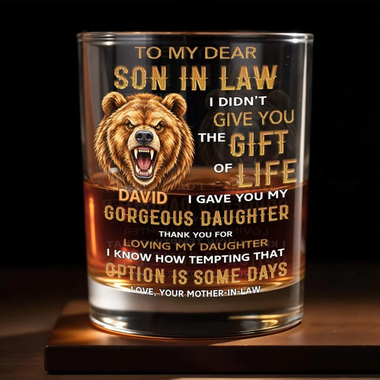 Personalized Grizzly Bear Son In Law Whiskey Glass