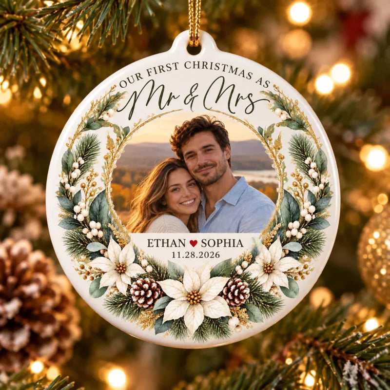 Our First Christmas as Mr & Mrs Personalized Ceramic Photo Ornament - Newlywed Wedding Keepsake Gift