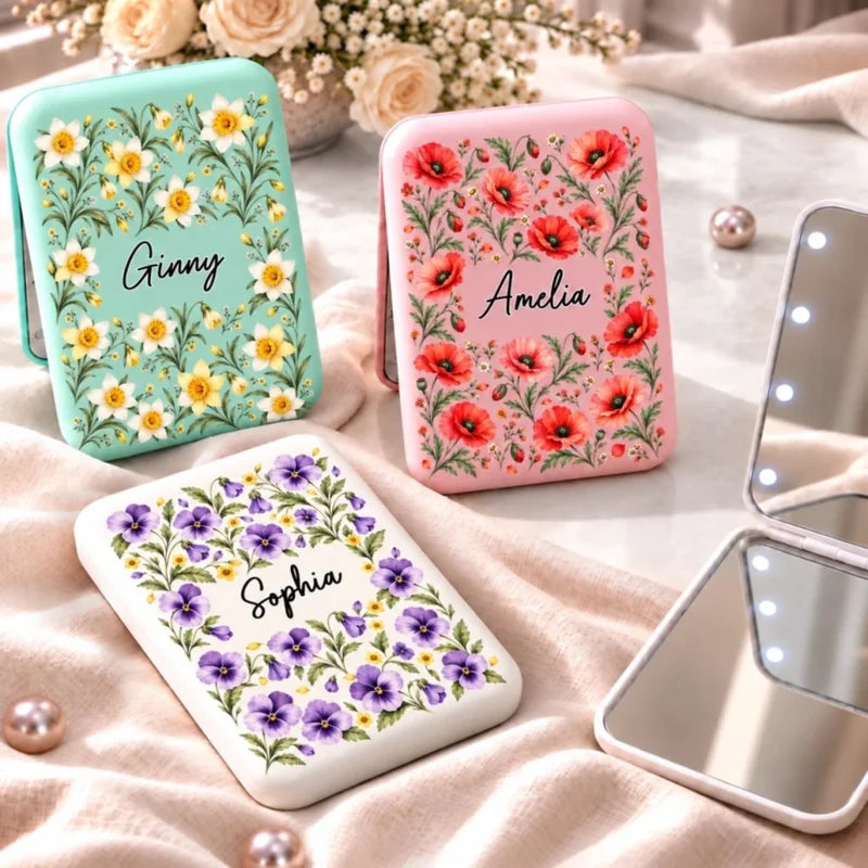 Custom Flower Garden Gifts For Women - Personalized LED Compact Makeup Mirror