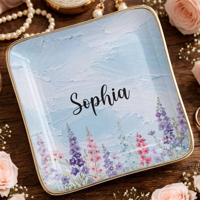Blooming In Grace, Custom Name And Birth Month Flowers - Personalized Custom Jewelry Dish, Ceramic D