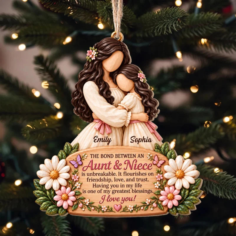 The Bond Between An Aunt And Niece Flowers And Butterflies - Personalized Custom Wood Ornament, Cust