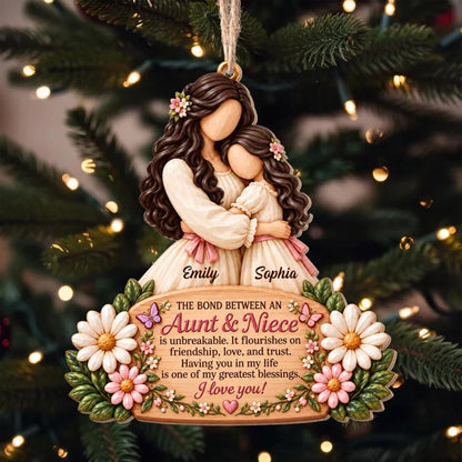 The Bond Between An Aunt And Niece Flowers And Butterflies - Personalized Custom Wood Ornament, Cust