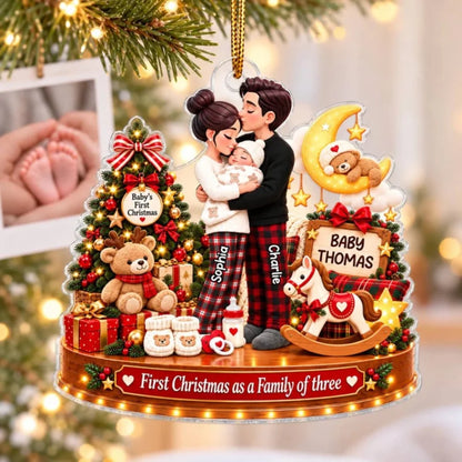 Heartwarming First Christmas As Family Of Three Newborn Baby - Personalized Acrylic Ornament - Chris