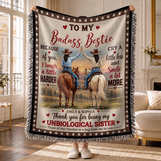 To My Badass Bestie Cowgirls Riding Horses Unbiological Sister - Personalized Woven Blanket - BST961
