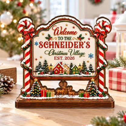 Personalized Candy Cane Christmas Village Wood Plaque