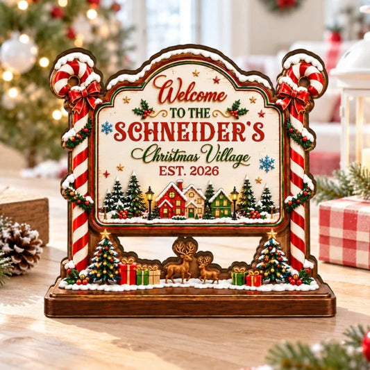 Personalized Candy Cane Christmas Village Wood Plaque