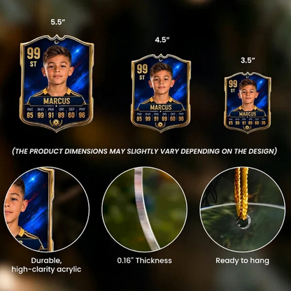 Personalized Soccer Card Acrylic Ornament, Blue and Gold Player Portrait, Unique Gift for Soccer Fans