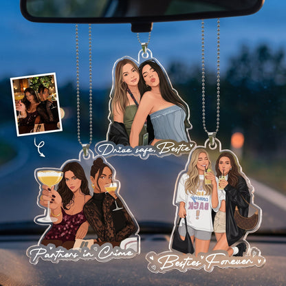 Personalized Acrylic Car Hanger, Besties Forever Photo Art with Drinks, Creative Gift for a Best Friend