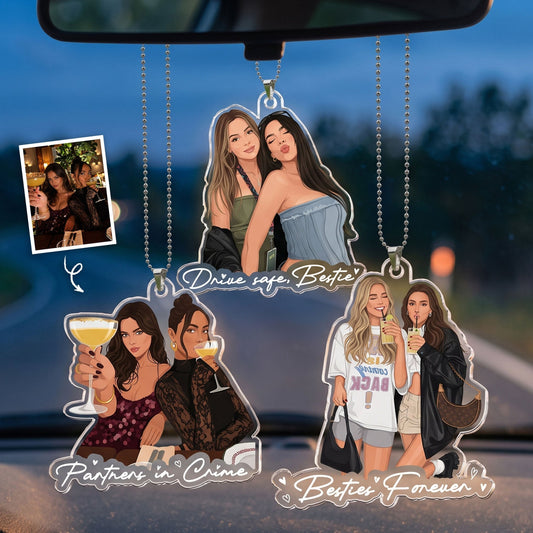 Personalized Acrylic Car Hanger, Besties Forever Photo Art with Drinks, Creative Gift for a Best Friend