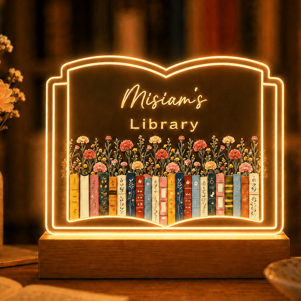 Personalized Birth Flower LED Book Plaque, Custom Name Library Light, Unique Gift for Book Lovers