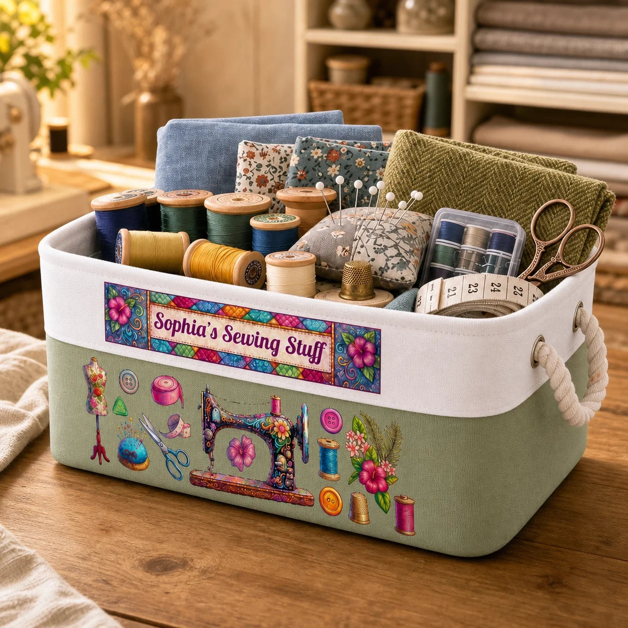 Personalized Sewing Basket with Name, Cotton Linen Rope Storage Bin, Gift for Mom, Grandma or Sewing Lover