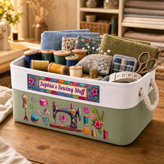 Personalized Sewing Basket with Name, Cotton Linen Rope Storage Bin, Gift for Mom, Grandma or Sewing Lover