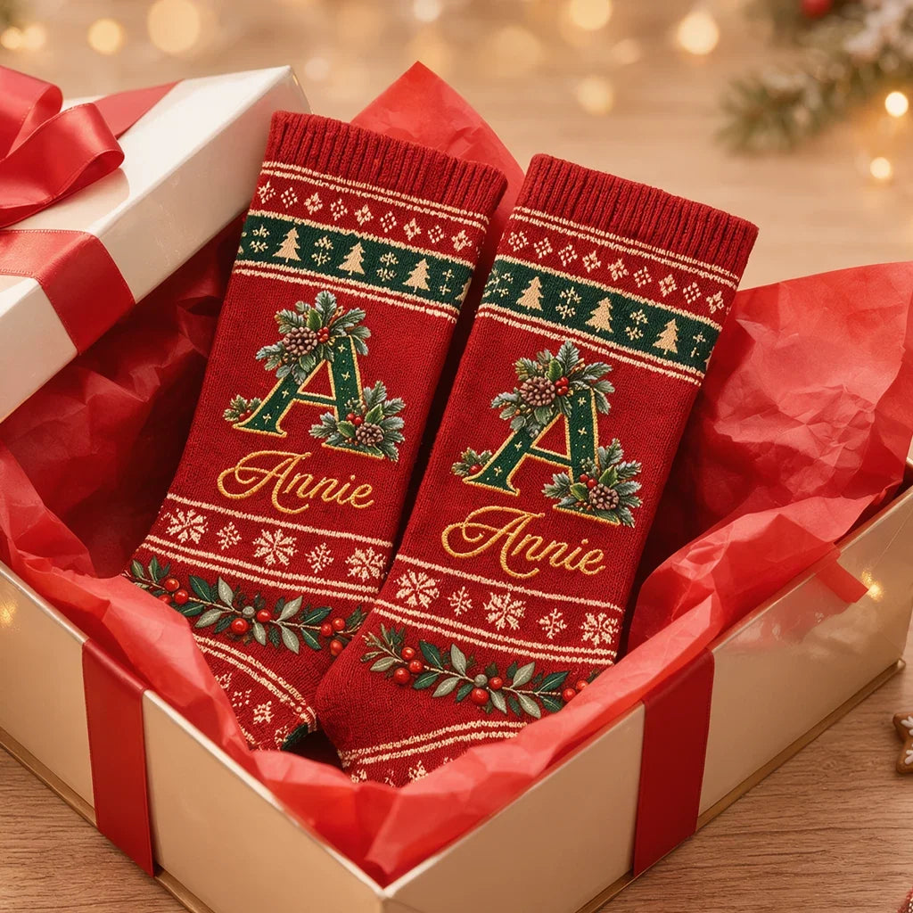 Personalized Holly Snowflakes Cozy Winter Holiday Crew Socks