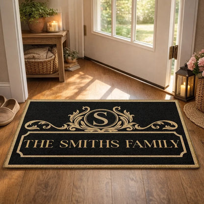 Personalized Family Monogram Black And Gold Doormat