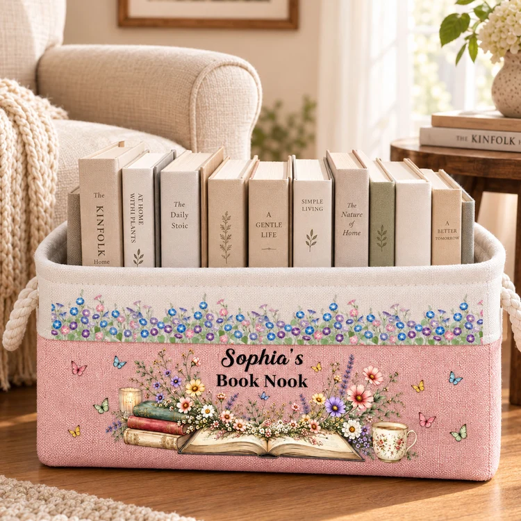 Personalized Rope Basket with Floral Book Nook Art, Pink Reading Corner Storage, Unique Gift for Girls