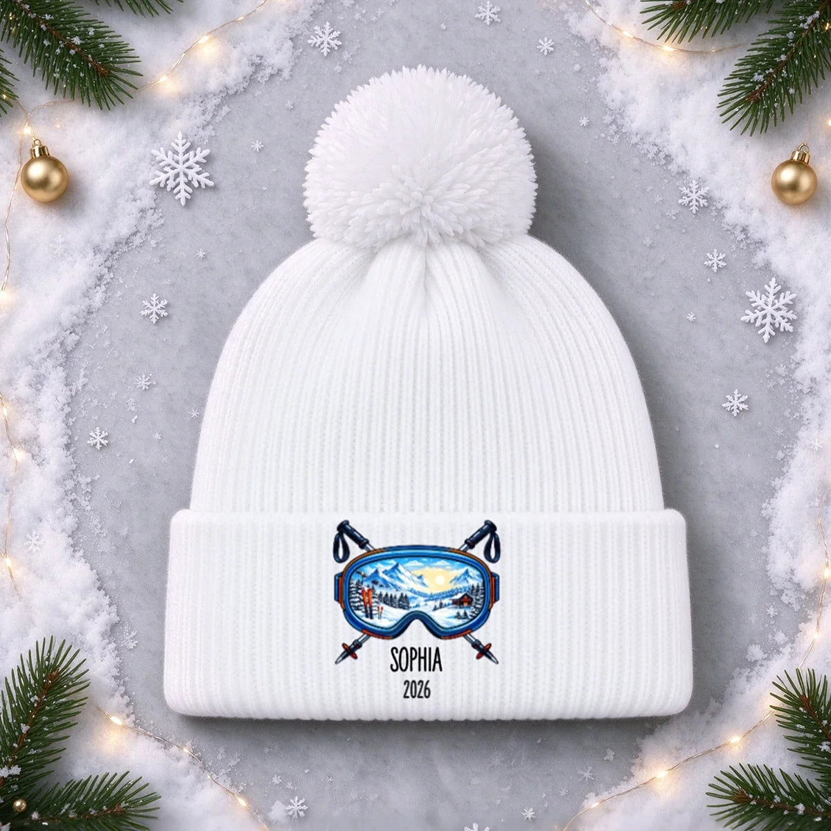Custom Name and Year Ski Goggles Embroidered Pom Pom Beanie, Alpine Mountain Winter Hat, Gift for Ski Lovers
