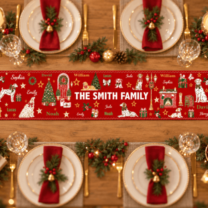 Personalized Family Christmas Table Runner, Custom Names & Family Name, Festive Holiday Dining Table Decor