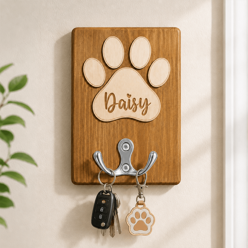 Personalized Paw Print Pet Name Wooden Leash Holder