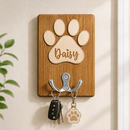 Personalized Paw Print Pet Name Wooden Leash Holder