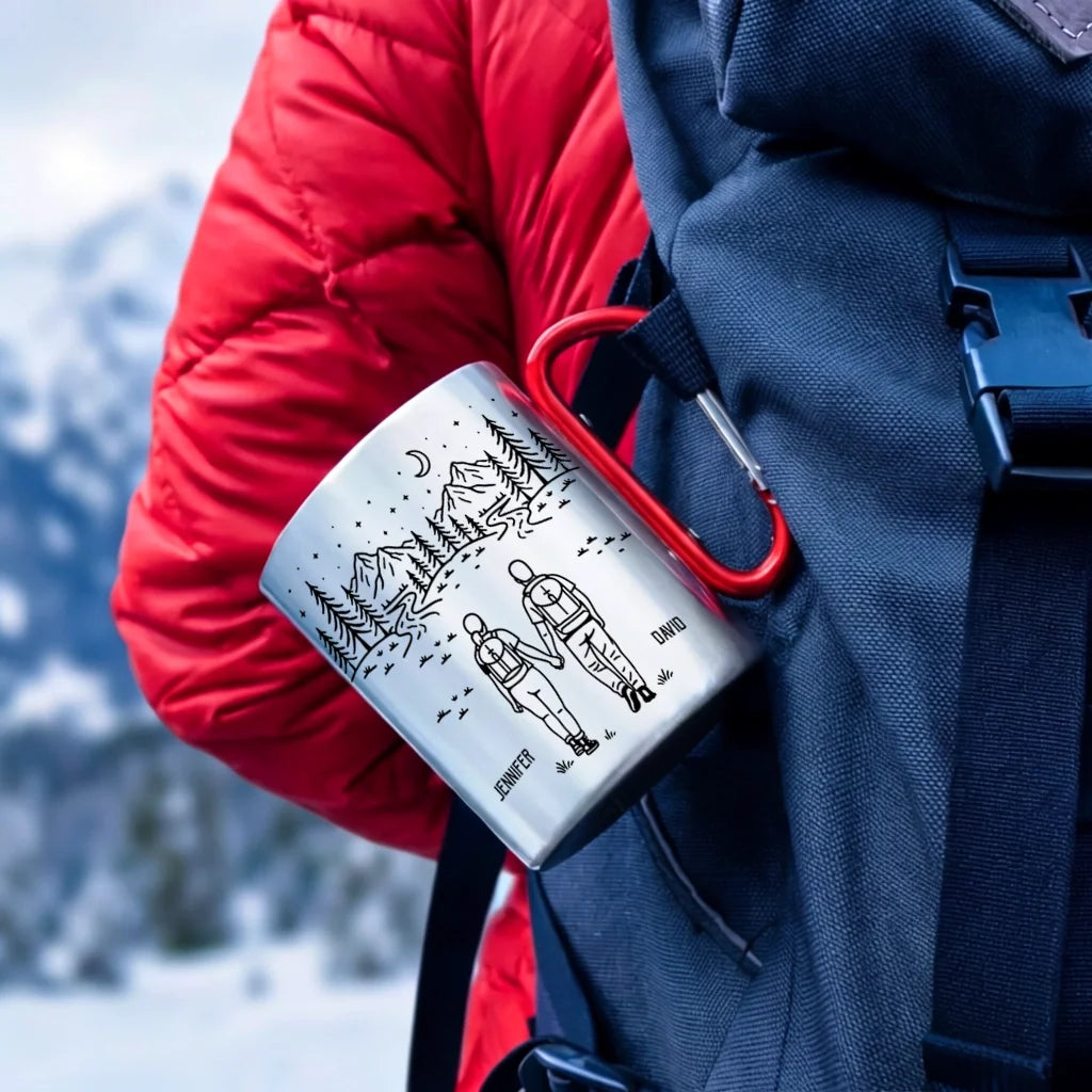 Custom Adventure Partners Stainless Steel Carabiner Mug, Personalized Couple Gift, Multiple Handle Colors