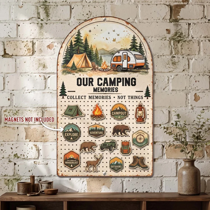 Personalized Shaped Metal Sign, Our Camping Memories with Camper and Campfire, Creative Gift for Couples