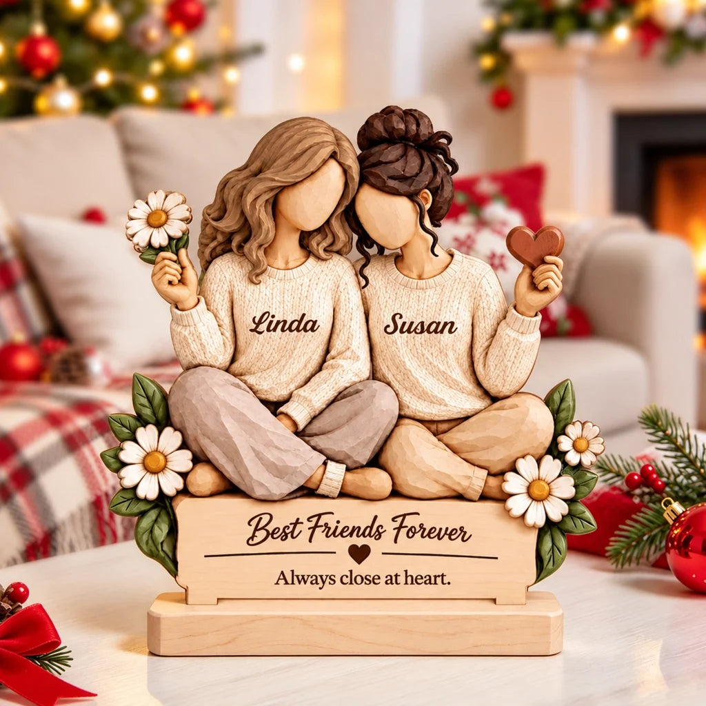 Personalized Best Friends Wooden Plaque with Hand-Carved Look and Cozy Illustrated Design, Custom Friendship Keepsake Gift