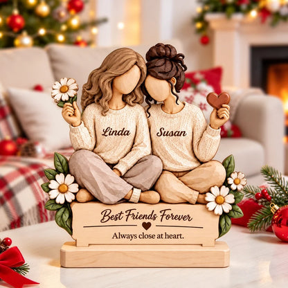 Personalized Best Friends Wooden Plaque with Hand-Carved Look and Cozy Illustrated Design, Custom Friendship Keepsake Gift
