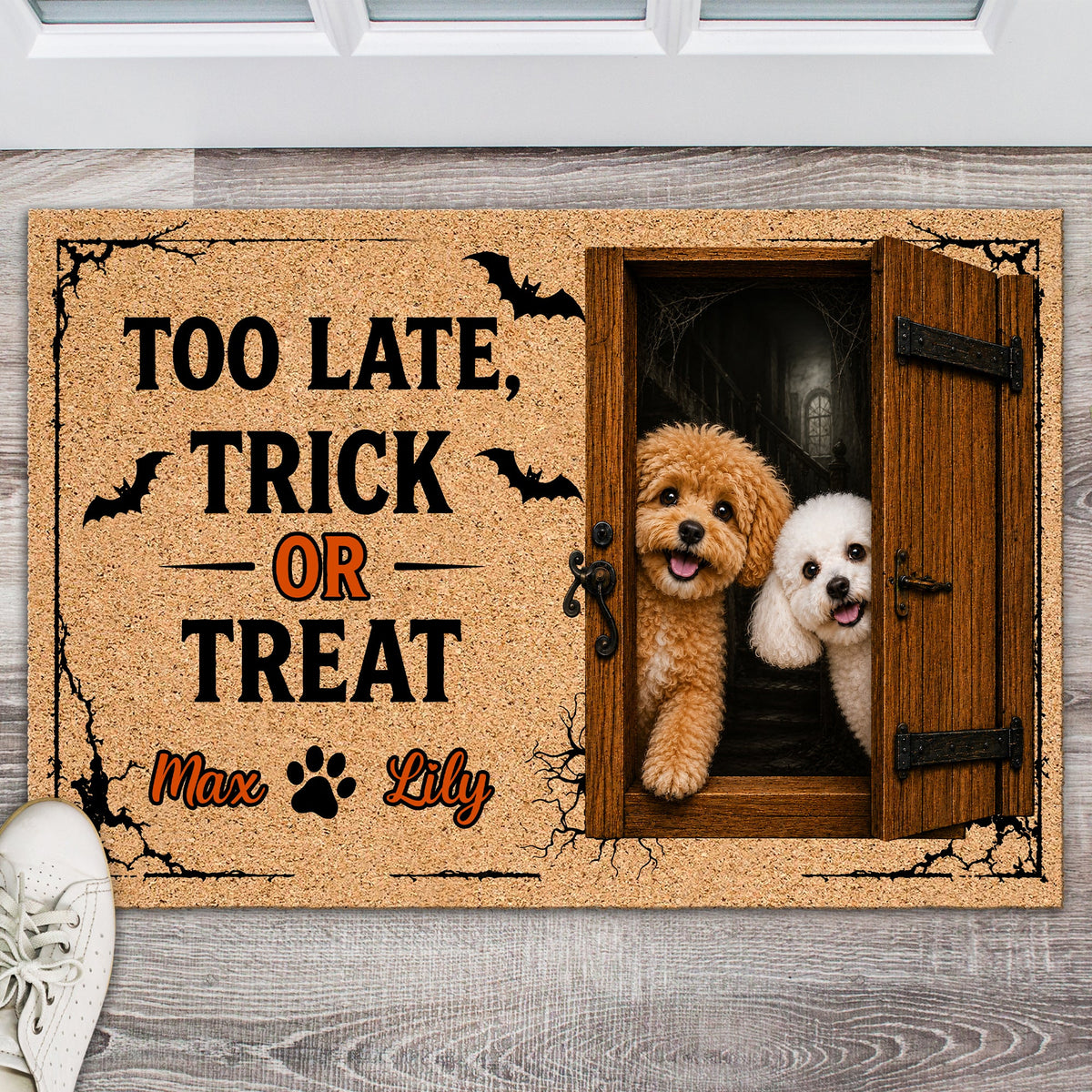 Custom You're Too Late Dog Halloween Doormat