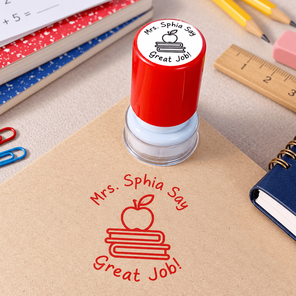 Personalized Teacher Stamp with Colorful Classroom Icons, Creative Gift for Teachers