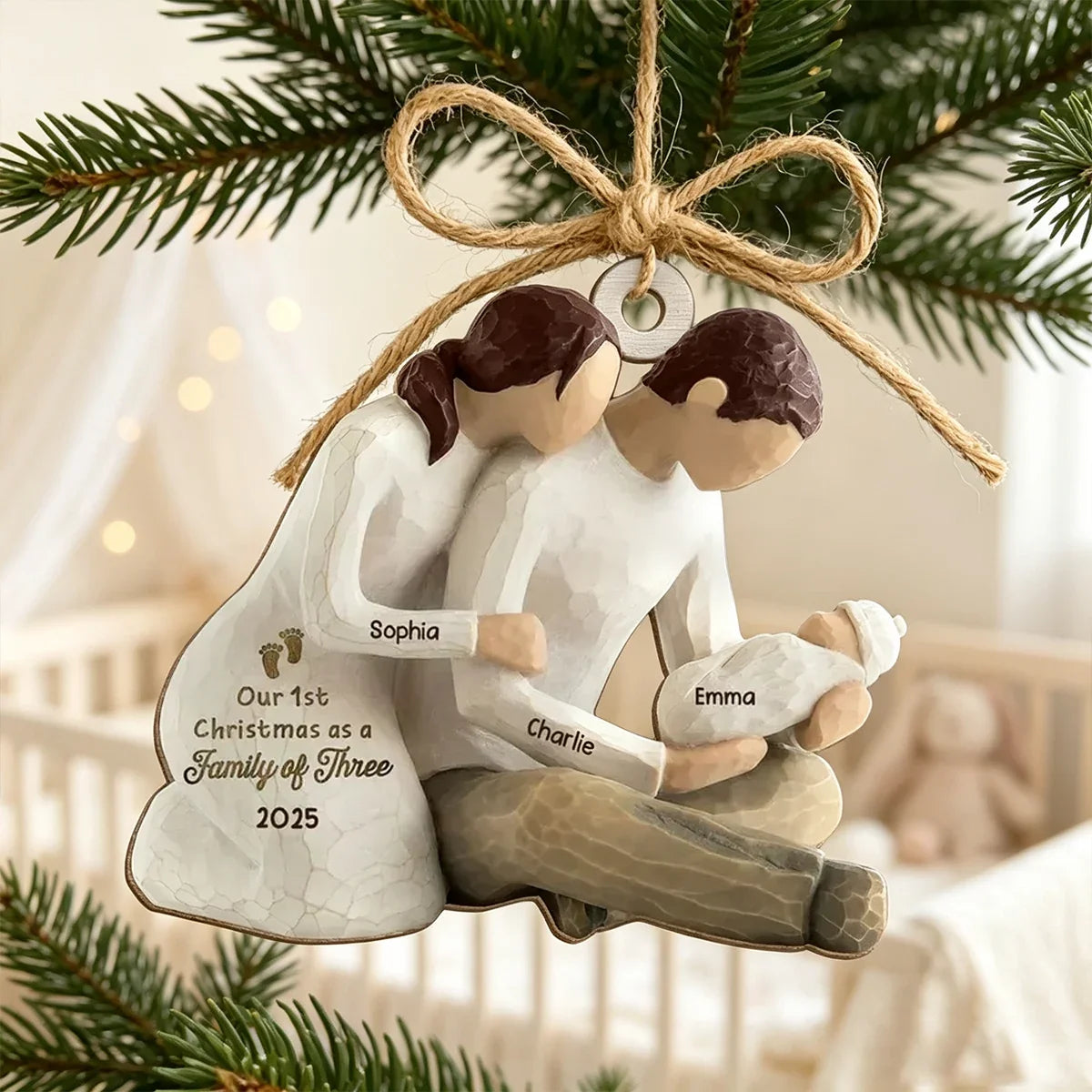 Personalized Wooden Ornament, New Parents Cradling Baby, Christmas Tree Decor and Unique Family Gift