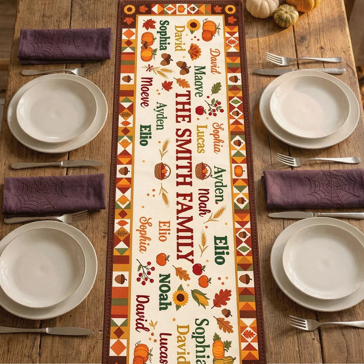 Personalized Fall Pumpkin Sunflower Family Table Runner