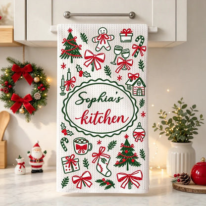 Personalized Red Christmas Kitchen Towel, Festive Baking Design, Unique Gift for Home Cooks