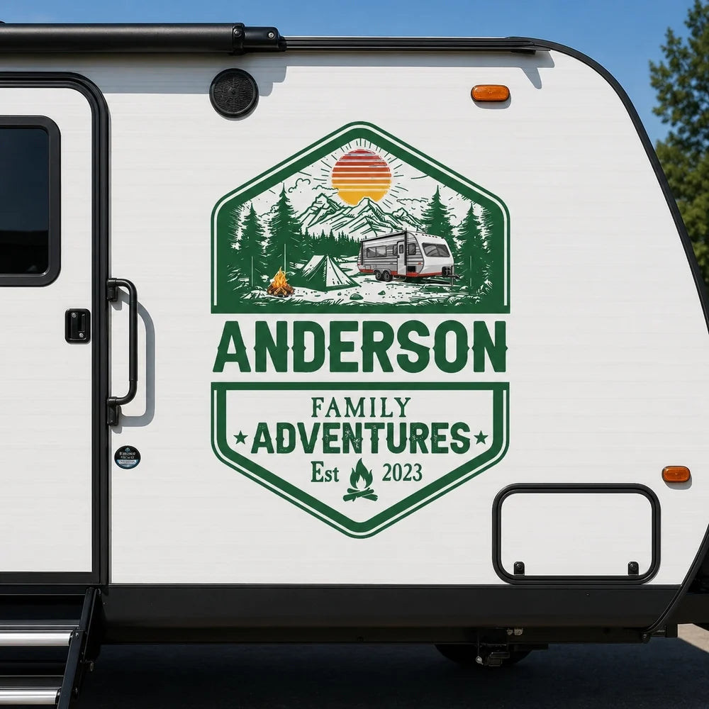 Personalized Sticker Decal for RV Camper Family Adventures Badge, Mountain Camping Scene, Unique Gift for Travel Lovers