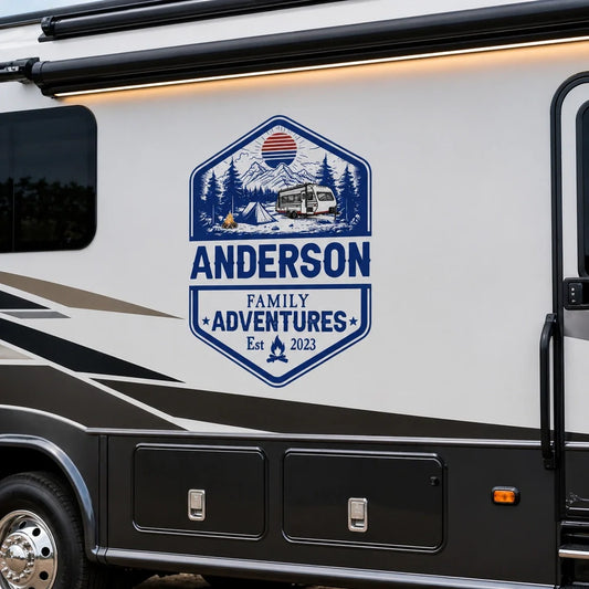 Personalized Sticker Decal for RV Camper Family Adventures Badge, Mountain Camping Scene, Unique Gift for Travel Lovers