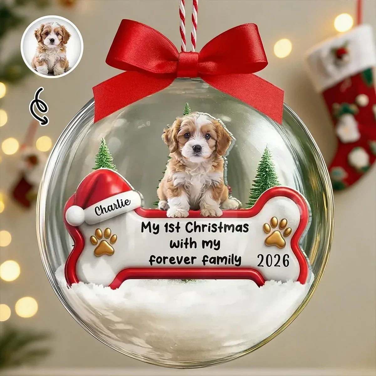 Personalized Acrylic Snow Globe Ornament, Puppy in Snowy Evergreens, Unique First Christmas Gift for Dog Lovers