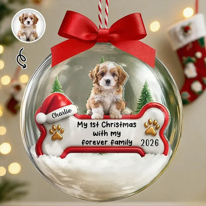 Personalized Acrylic Snow Globe Ornament, Puppy in Snowy Evergreens, Unique First Christmas Gift for Dog Lovers