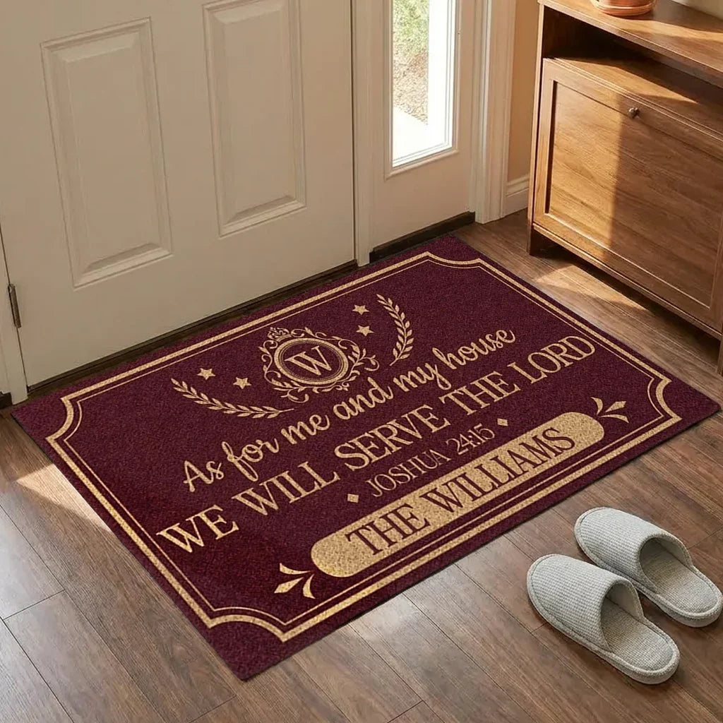 Personalized Standard Doormat, Burgundy and Gold Christian Crest, Unique Housewarming Gift for Family