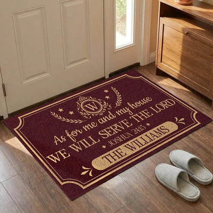 Personalized Standard Doormat, Burgundy and Gold Christian Crest, Unique Housewarming Gift for Family