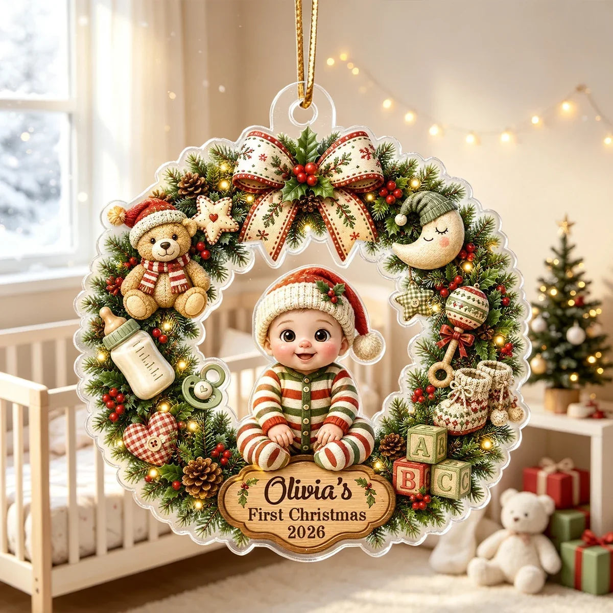 Personalized Acrylic Ornament, Cute Cartoon Baby in Christmas Wreath, Unique First Christmas Gift for New Parents