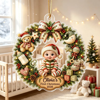 Personalized Acrylic Ornament, Cute Cartoon Baby in Christmas Wreath, Unique First Christmas Gift for New Parents