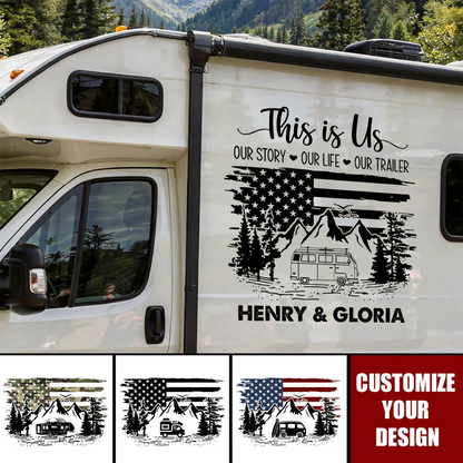This Is Us Personalized Sticker Decal, Monochrome RV and Pine Forest Scene, Creative Gift for Camping Couples