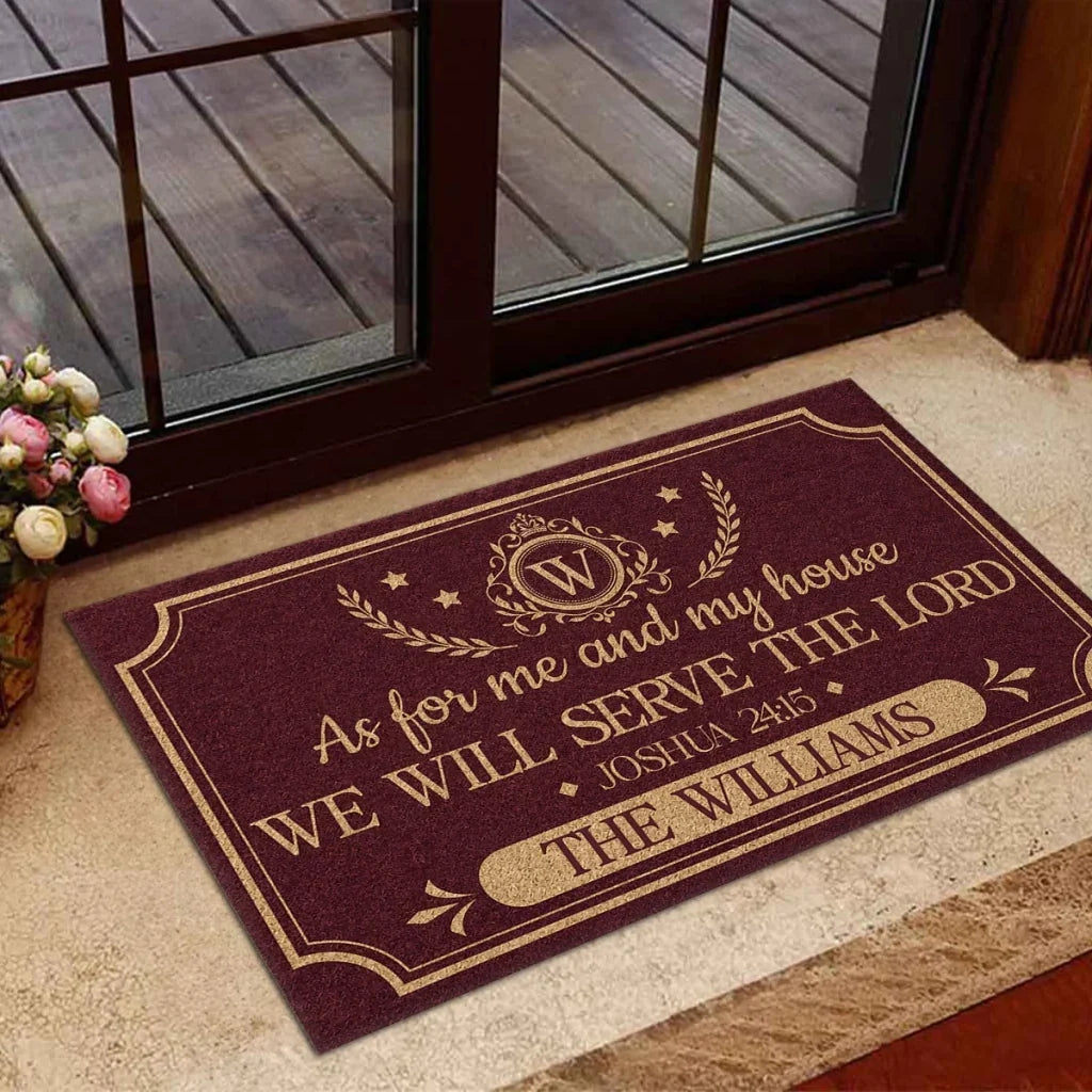 Personalized Standard Doormat, Burgundy and Gold Christian Crest, Unique Housewarming Gift for Family
