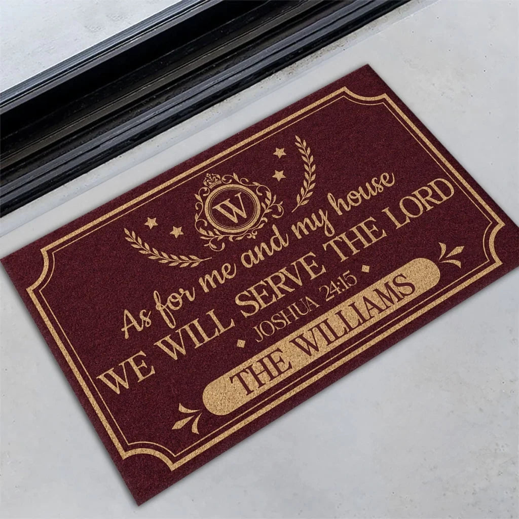 Personalized Standard Doormat, Burgundy and Gold Christian Crest, Unique Housewarming Gift for Family
