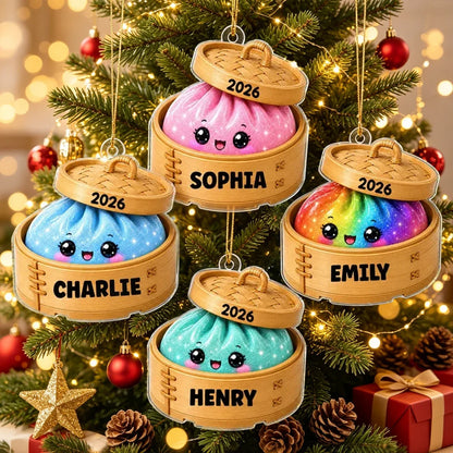 Personalized Acrylic Ornament, Cute Squishy Dumpling in Bamboo Steamer, Unique Christmas Gift for Kids