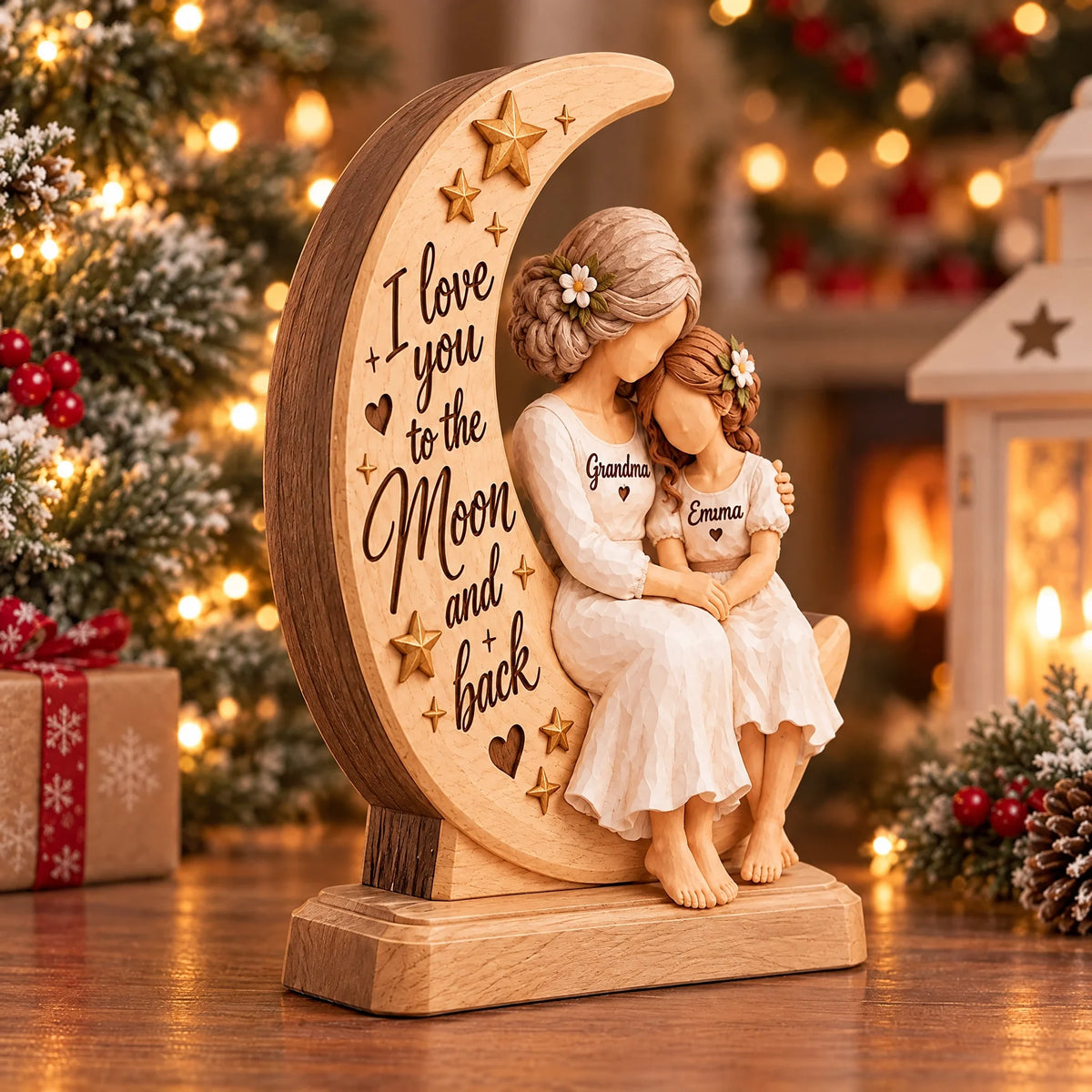 Personalized Thick Wooden Plaque, Grandma Hugging Grandchild, To the Moon and Back, Unique Gift