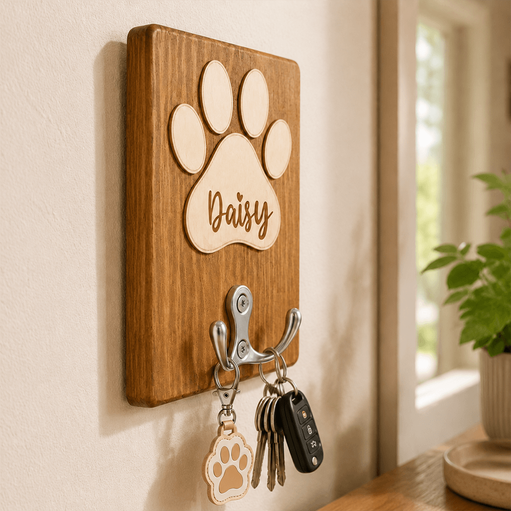 Personalized Paw Print Pet Name Wooden Leash Holder