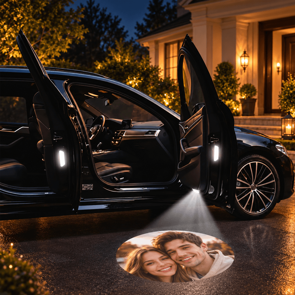 Car Door Projector Lights, Personalized Pink Wedding Scene Beside an Open Car, Creative Romantic Gift for Couples