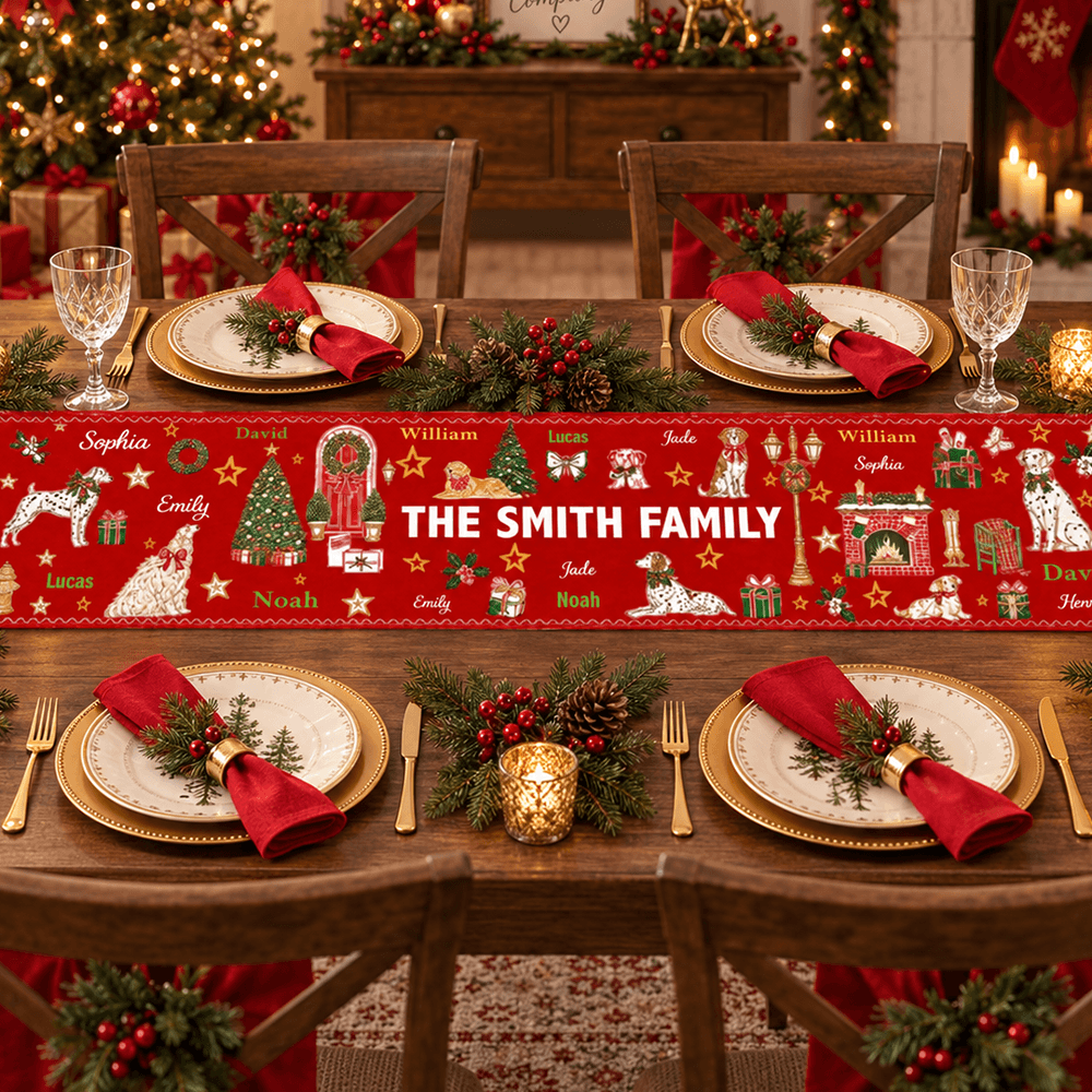 Personalized Family Christmas Table Runner, Custom Names & Family Name, Festive Holiday Dining Table Decor