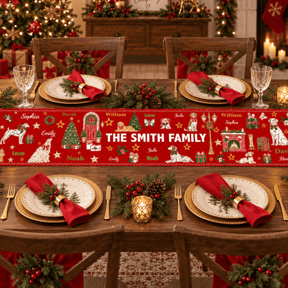 Personalized Family Christmas Table Runner, Custom Names & Family Name, Festive Holiday Dining Table Decor